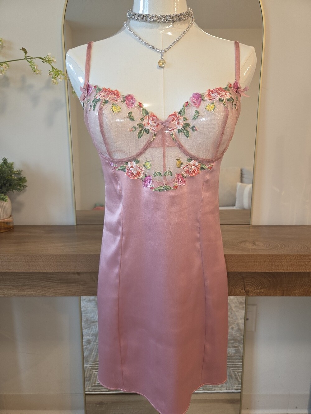Victoria's Secret Pink Satin Chemise with Floral Embroidery